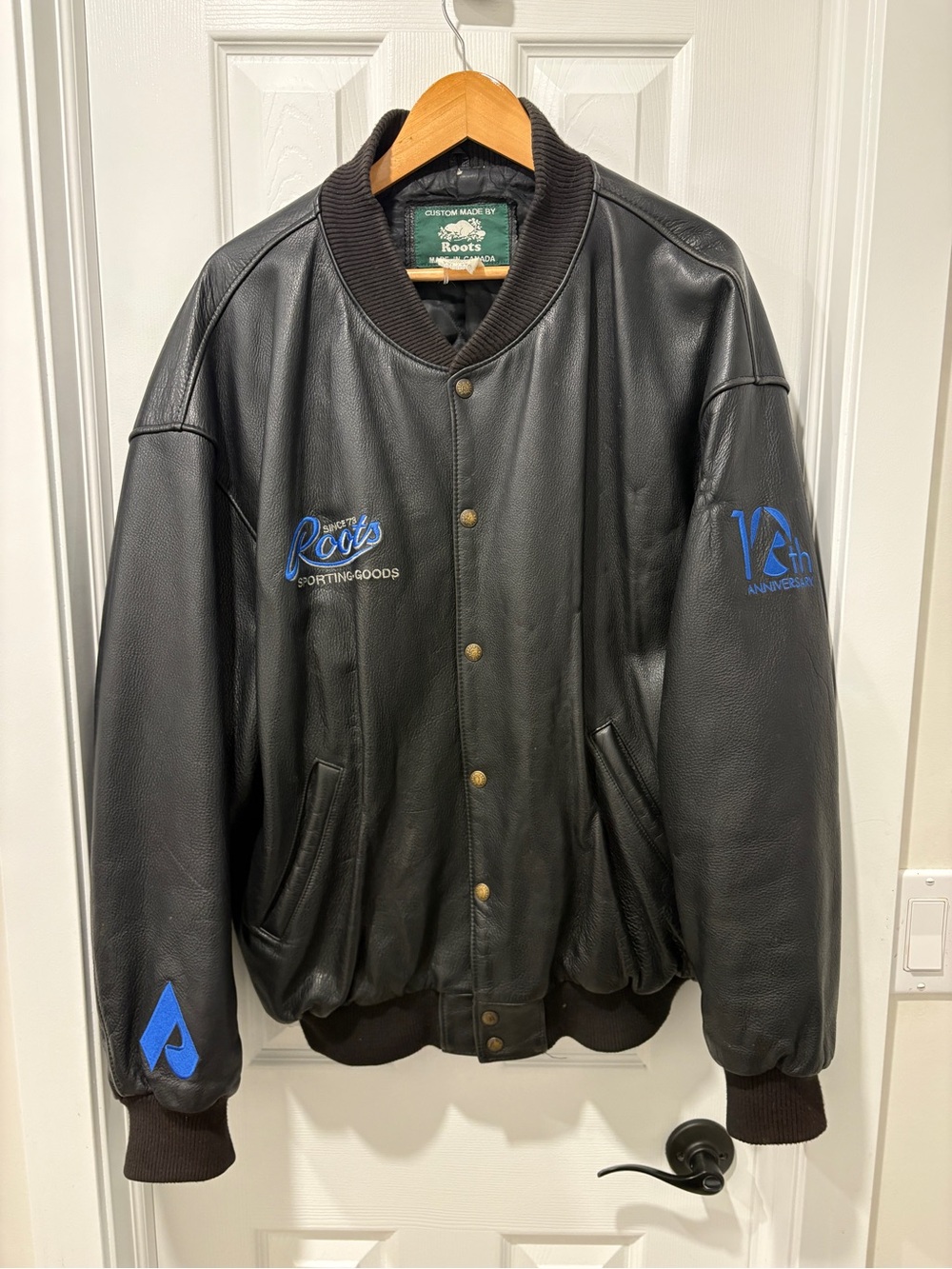 Vintage Roots Black Leather Bomber Jacket with Embroidery Mens 2XL